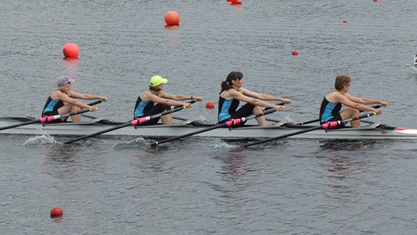 Vashon’s masters women’s quad coasts to the finish line in its heat. Later that day