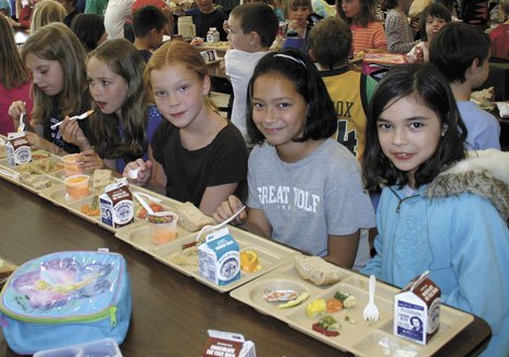 Harvest veggie pasta was a hit at Chautauqua Elementary School. Students (from left to right) Emily Milbrath