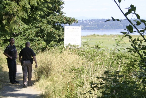 Two sheriff’s deputies — Joel Anderson and Jeremy Muir — patrol KVI Beach on a recent sunny afternoon.