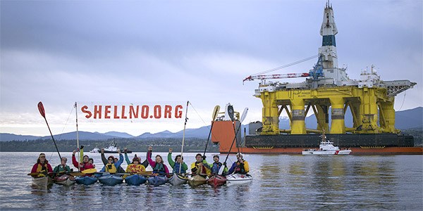 Protestors rallied last Friday in front of the Polar Pioneer after it arrived in Port Angeles. They have several more demonstrations planned.