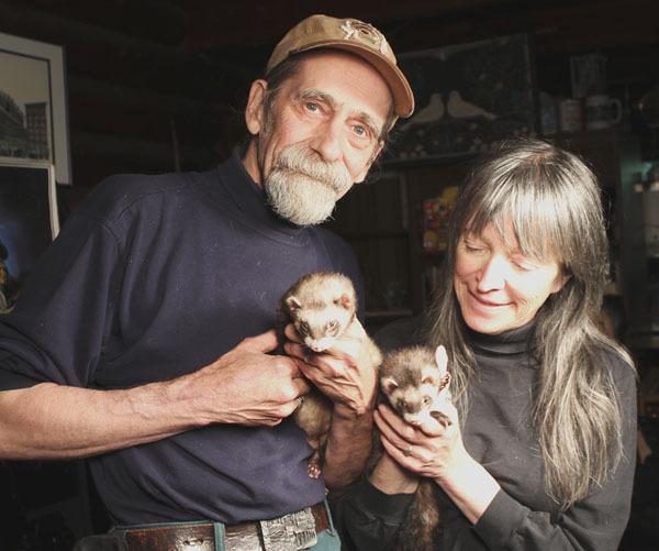 Michael and Miriam FitzPatrick hold a pair of ferrets at their home