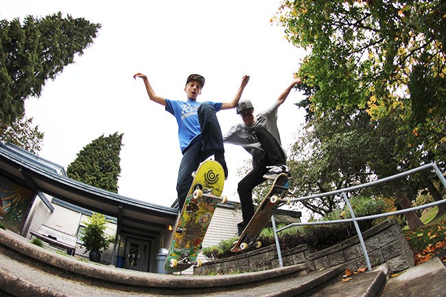 Island teens and middle school students Bowie Spencer (left) and Simon Wilke (right) continue to practice their skateboarding tricks on Vashon. The two have returned home after competing in an international competition in Los Angeles.