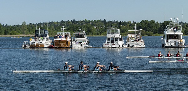 The junior men’s quad rows to victory at the Windermere Cup Regatta at Seattle’s Montlake Cut.