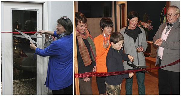 Left: Voice of Vashon Board President Jean Bosch cuts the ribbon on VoV’s Storefront Studio. Right: Zabette Macomber (left) and Kelly Macomber Straight (third from left) stand with their children as their son Ian cuts the ribbon to their new exercise studio