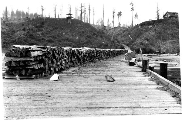 A 1901 photograph shows wood that powered the Mosquito Fleet lining the north end dock.