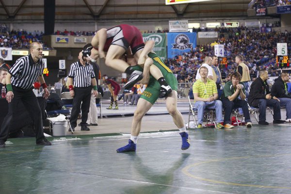 Vashon junior Preston Morris gives Colville’s Hunter Lecaire some air in their 182-pound consolation semi-final. Morris pinned Lecaire at 4:42 and went on to take fourth place at state while Lecaire finished sixth.