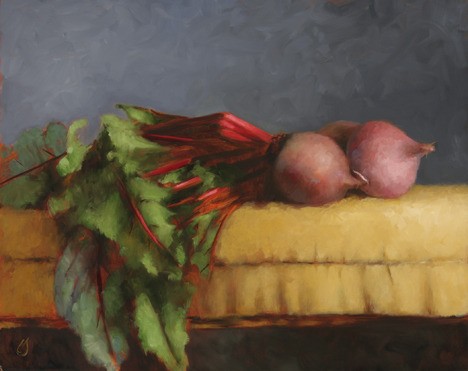 This painting of beets by Erin Schultz will be on display at the Blue Heron this month.