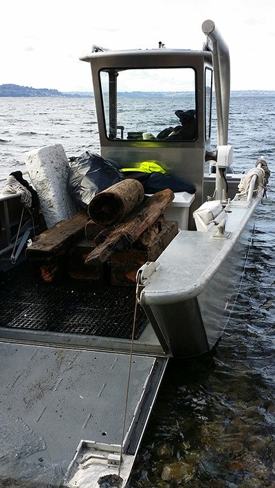 Crews remove creosote-soaked pilings from Maury Island Aquatic Preserve.