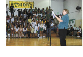 VHS Principal Susan Hanson reads the award announcement to students.