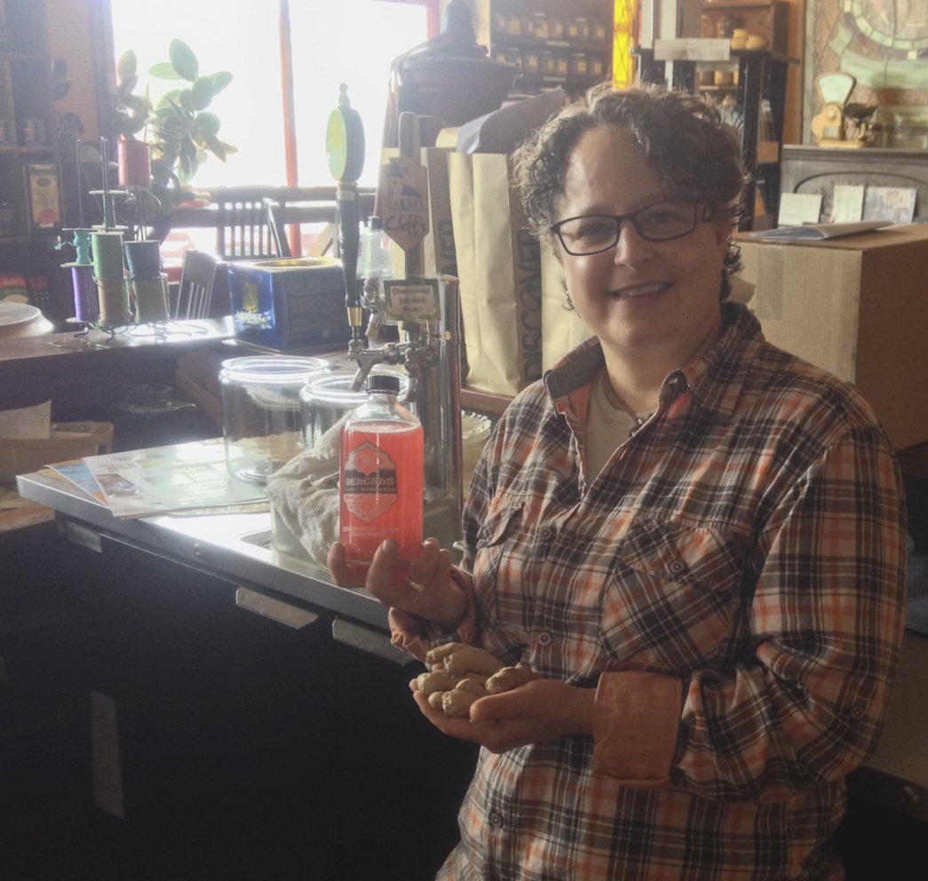 Leila Khatapoush at the Vashon Coffee Roasterie with her newly launched kombucha being sold on-tap and in bottles.