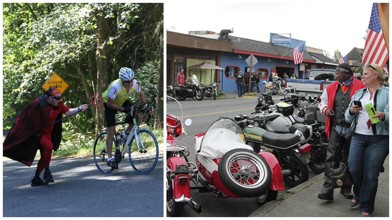 P2P organizer Bruce Morser gets some encouragement from the Burma Road Devil (left); motorcycle riders look at vintage motorcycles lined up on Vashon Highway through town Sunday.