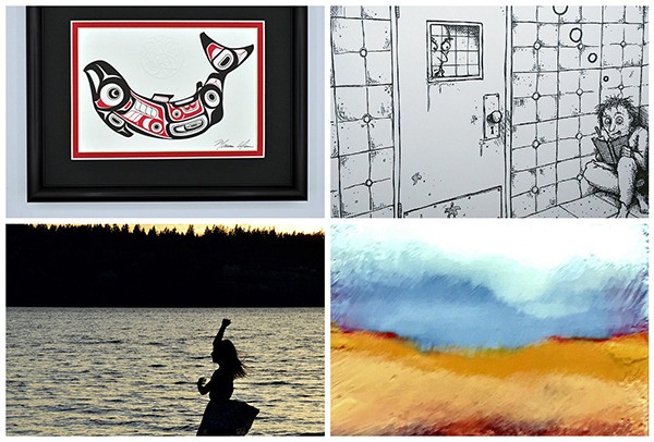 Clockwise from top left: Native American art by Marvin Oliver