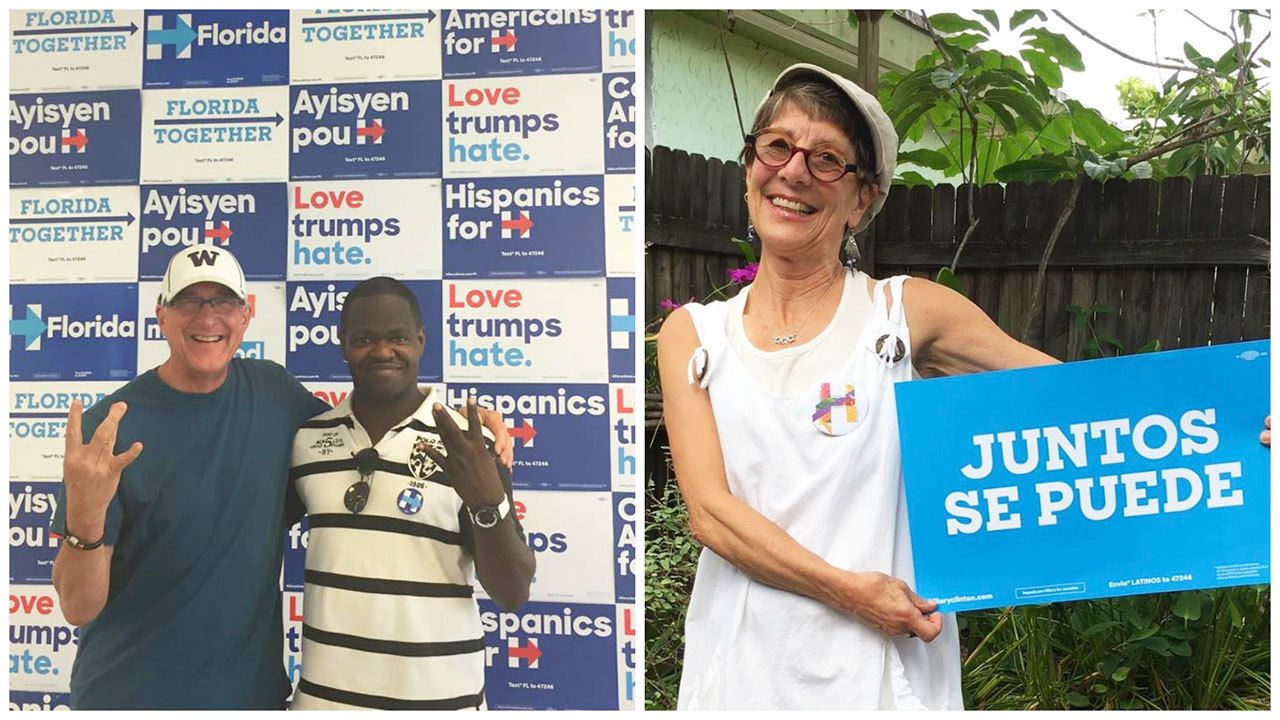 Courtesy Photos                                Left: Islander Mark Pease with a fellow volunteer in Liberty City, a neighborhood in Miami, Florida.                                Right: Janie Starr in Broward County, Florida working to get out the vote for Hillary.