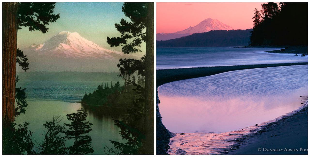 Left: Norman Edson Photo, “Sun’s Last Glow.”                                Right: Terry Donnelly Photo, “View of Mount Rainier” from Klahanie Beach.