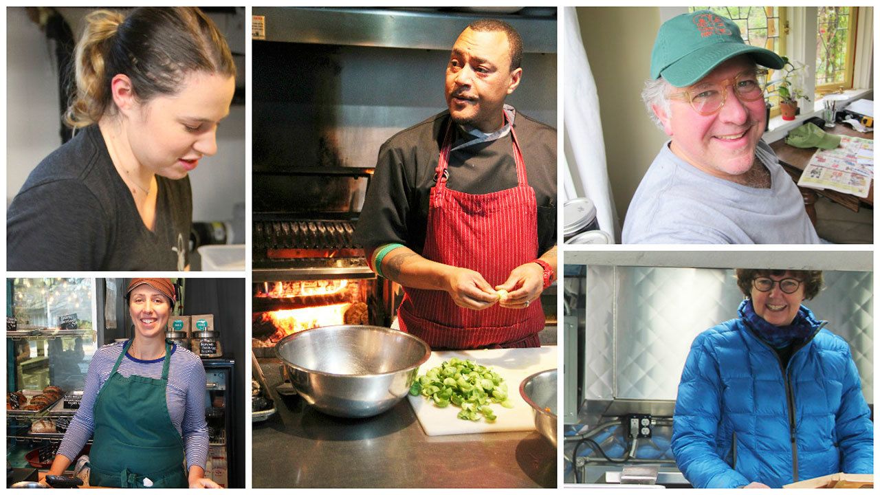Island foodies clockwise from bottom left: Vashon Island Baking Company&rsquo;s Samantha Weigand, Bramble House chef and owner Lia Lira, Gravy chef Dre Neeley, Tall Clover Farm&rsquo;s Tom Conway and Orca Eats&rsquo; Emily Wigley.