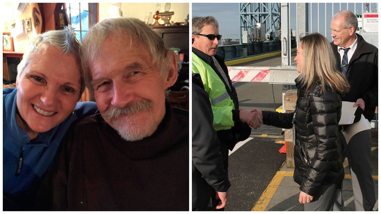 Left: Neighbors and friends Colleen Carette and John Burke. Carette, a physician’s assistant, was first to respond to Burke and start CPR when he had a heart attack.                                Right: Ferry dock workers Tim Chiswell (left), along with terminal supervisor Phil Olwell, are awarded Life Ring awards Wednesday afternoon. Dock worker Patti Snyder (not pictured) was also given an award.
