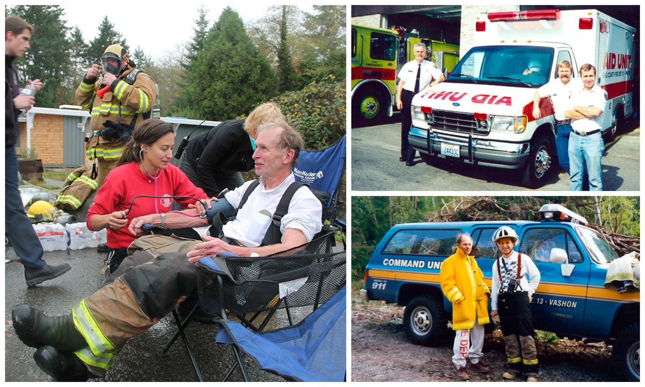 Left: Mike Kirk has his blood pressure checked in the rehab area at the Vashon Energy fire last month.                                Top right: Bob Stougard (left), Bob Larsen (back right) — currently the department’s assistant chief of operations — and Mike Kirk (front right) relax together in earlier days.                                Bottom right: Milt Kranjcevich, left, who also volunteered for 50 years with Vashon Island Fire & Rescue, accompanies Kirk in an undated photograph.