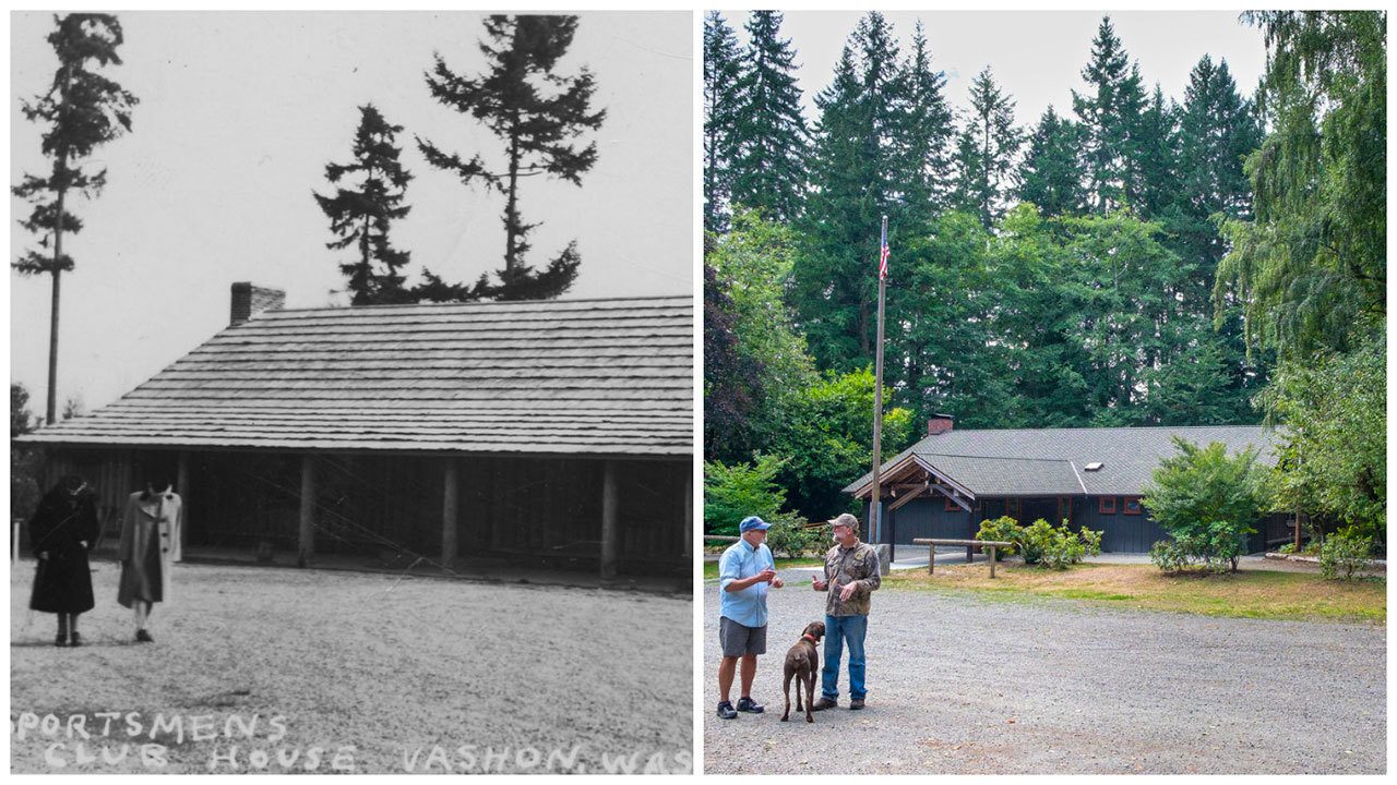 A current photo of Bruce Haulman talking with Randy Thomas, a longtime Sportsmen’s Club member (right, photo by Terry Donnelley) shows how the forest around the club has changed since the construction of the clubhouse on clear-cut land in 1940 (left, photo courtesy Vashon-Maury Island Hertiage Museum).