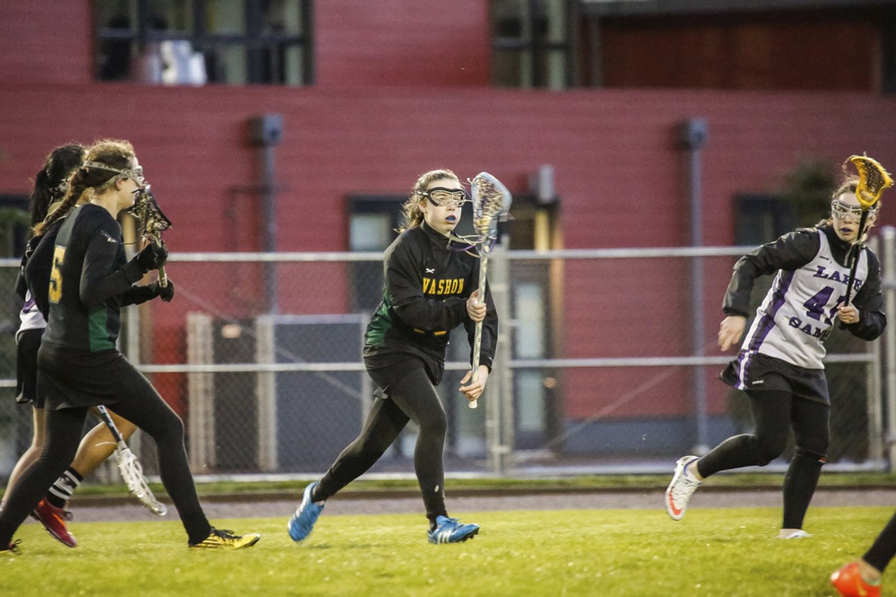 The Vashon Valkyries girls’ lacrosse team plays a game on the Vashon High School field during its 2016 season. The team is one of many community groups who use school district facilities thanks to an agreement between Vashon Island School District and the Vashon Park District. The park district voted last Tuesday to renegotiate that agreement. (Michael Elenko Photo)