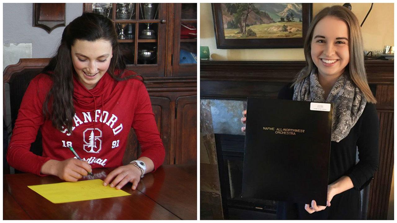 Virginia Miller practices her signature for her college letter of intent at Annie Wright (left); Grace Riggs with her acceptance letter from the NAfME All-Northwest Orchestra (right). (Courtesy Photos)