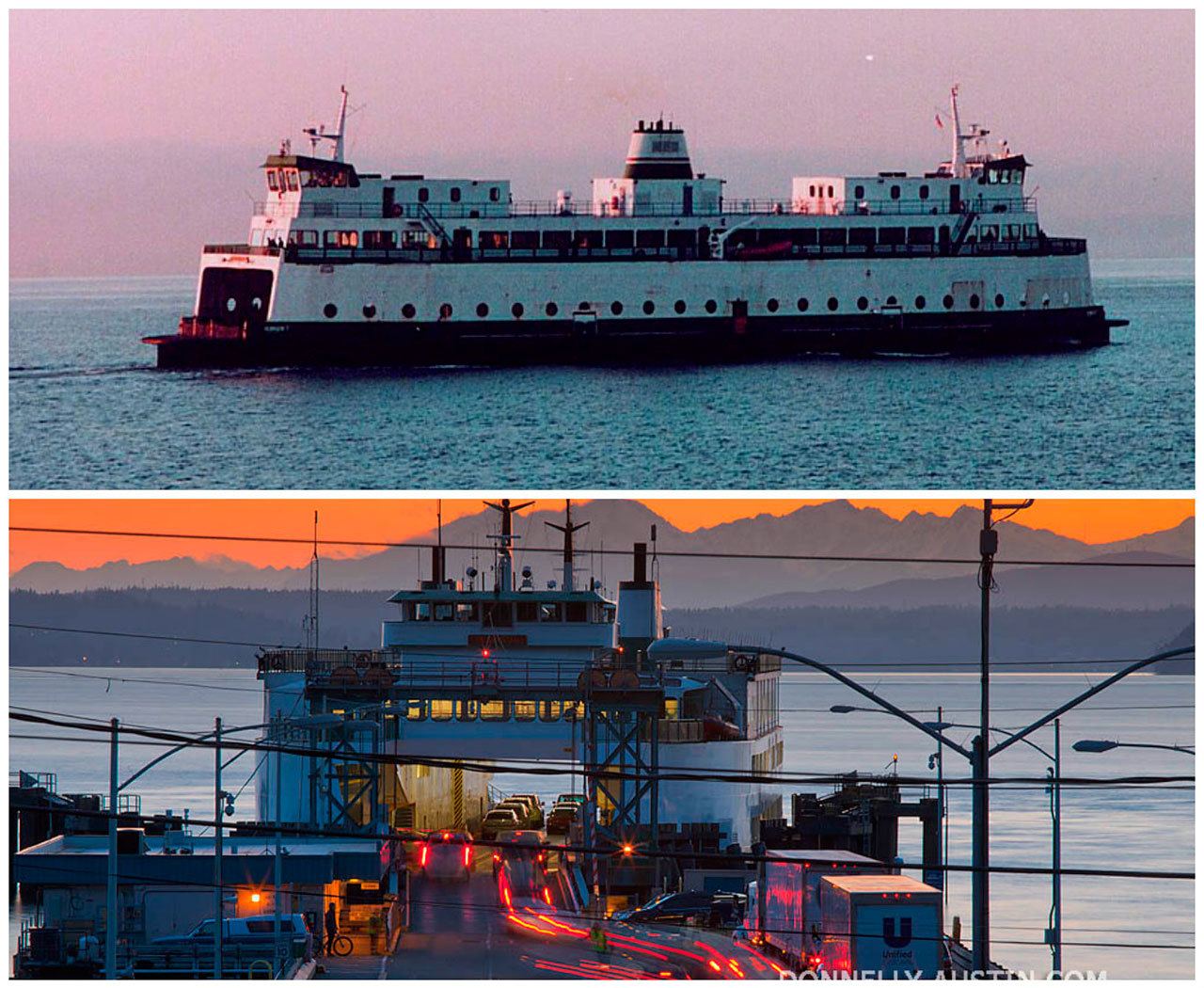 The Quinault, top, travels Puget Sound in a time of less ferry travel. Below, the Fauntleroy ferry dock is often a busy place, especially during evening commutes. (Courtesy Photo, top/Terry Donnelly Photo, bottom)