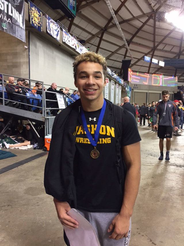 Vashon High School sophomore wrestler Adrian St. Germain captured his second state championship title over the weekend at the Tacoma Dome after pinning his opponent in 23 seconds. (Courtesy Photo)