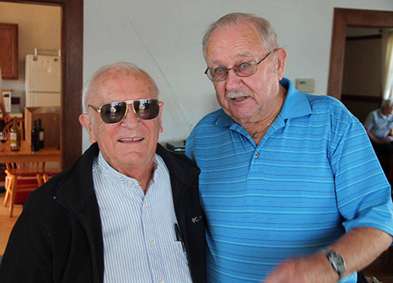 Jens Pedersen (right) with his longtime friend, Bob, at Pedersen’s 90th birthday celebration at Point Robinson. (Anneli Fogt/Staff Photo)