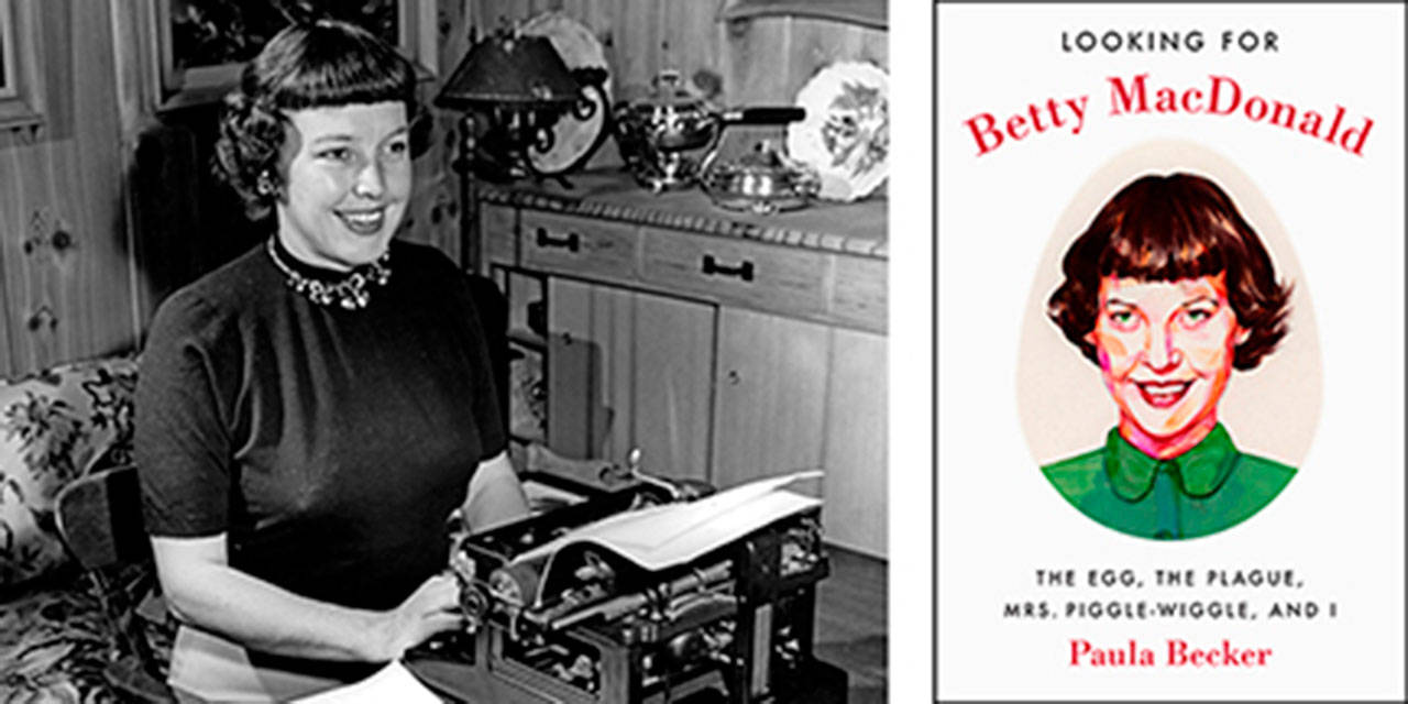 Betty MacDonald sits at her typewriter (left); Paula Becker’s biography of the author, “Looking for Betty MacDonald.” (Private Collection Photo/Courtesy Photo)
