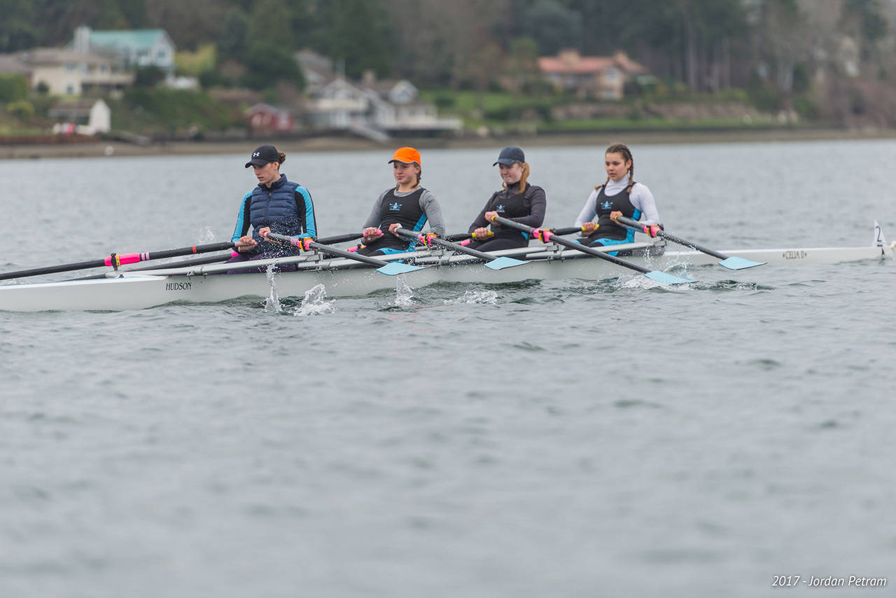 From left: Vashon Island Rowing Club’s Aria Mildon, Gabbie Graves, Jamie Glatzmayer and Ava Lorentzen at last Sunday’s Saltwater Scrimmage. (Jordan Petram Photo)