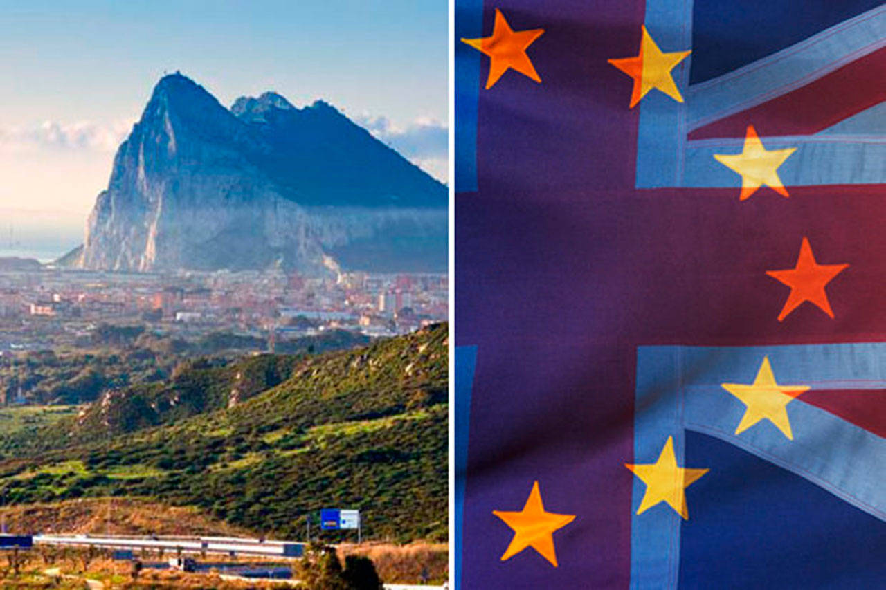 Gibraltar’s (left) fate is in the balance with the U.K.’s Brexit negotiations. Right: The flag of the EU superimposed over the Union Jack of the U.K. (Getty Images)