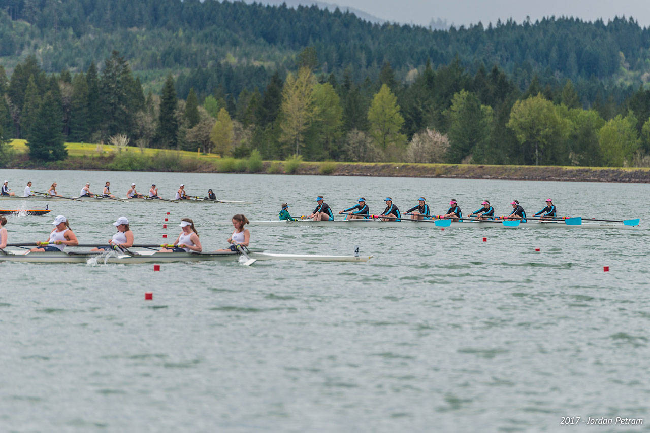 VIRC’s junior girls’ varsity eight, coxed by the unflappable Hayden Rosen, on its way to victory at the Covered Bridge Regatta on Sunday. (Jordan Petram Photo)