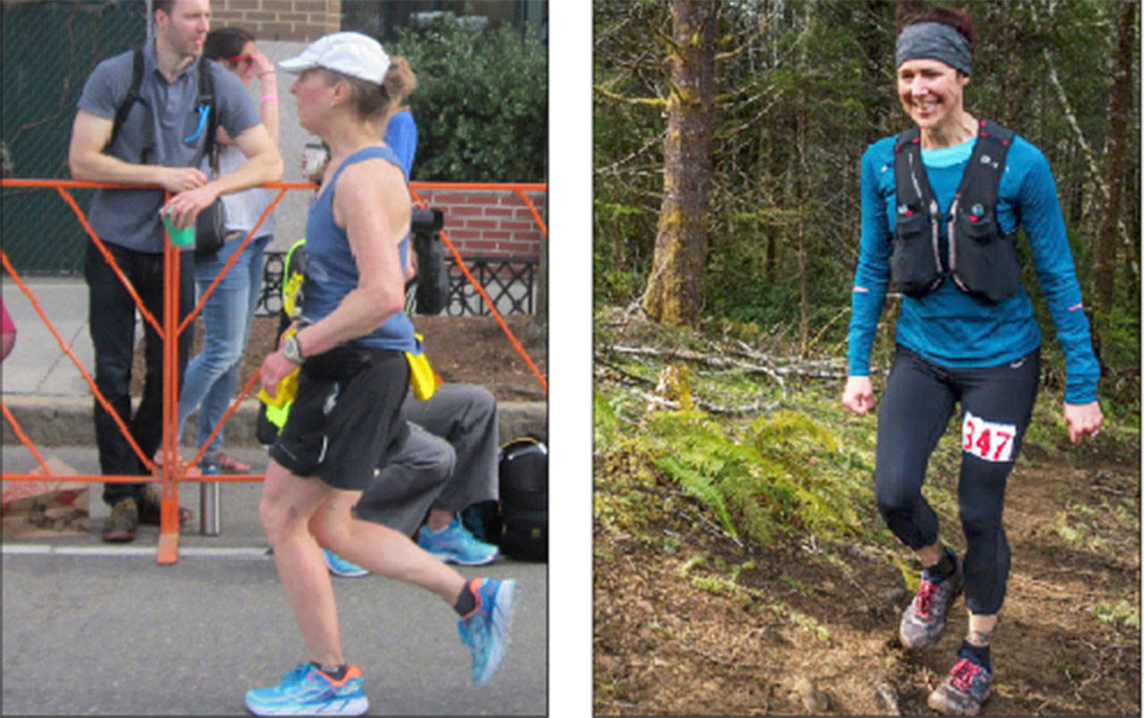 Left: Islander Debby Jackson a this year’s Boston Marathon. The race marked her 10th marathon in 10 years.                                Right: At the Tillamook Burn 50-miler in Oregon, islander Tara Vanselow had what she called a fantastic race and finished eighth of 122 women. (Courtesy Photos)