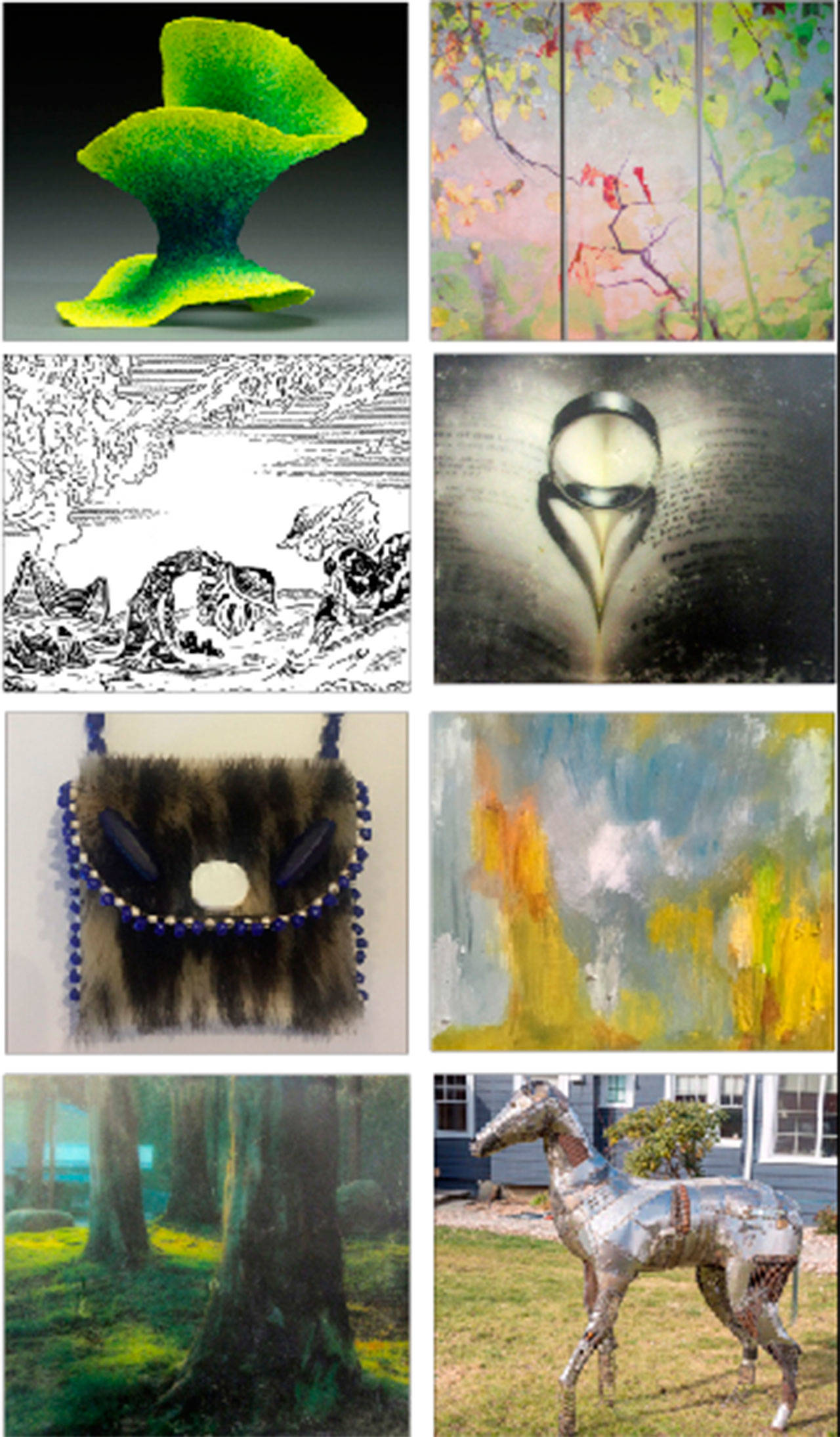 Artwork on display will include (clockwise from top right): paintings by Rachel LordKenaga at Hinge Gallery; encaustic photographs by Katherine Poston at Two Wall Gallery; photographs by Tara McDermott at Koch Gallery; Sue Carette&rsquo;s metal sculptures at Windermere Real Estate; encaustic photographs by Hayden Rosen at Two Wall Gallery; medicine pouches at Raven&rsquo;s Nest Gallery; pen and ink drawings by Jim Woodring at VALISE Gallery; fiber and stitch sculptures by Claire Jones at Koch Gallery. (Courtesy Photos)