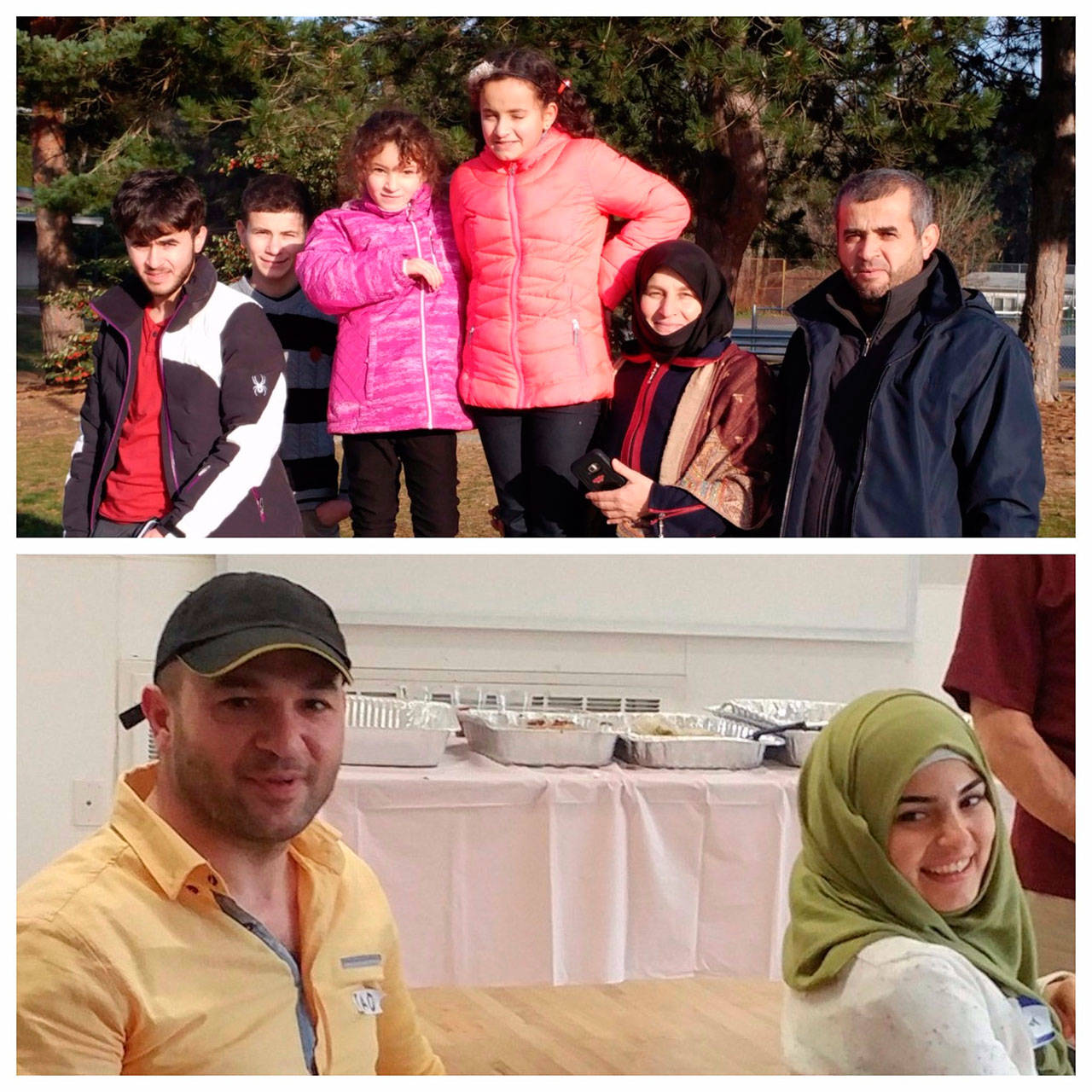 The two families hoping to move to Vashon are the Al Mustafa family (top) and the Alati family (bottom, pictured without their two daughters). (Courtesy Photos)