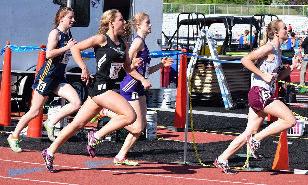 Vashon High School senior Lauren Jenks (second from left) competes in the 800-meter sprint event at the state track meet. She finished sixth in her heat and 12th overall. (Adria Cannon Photo)