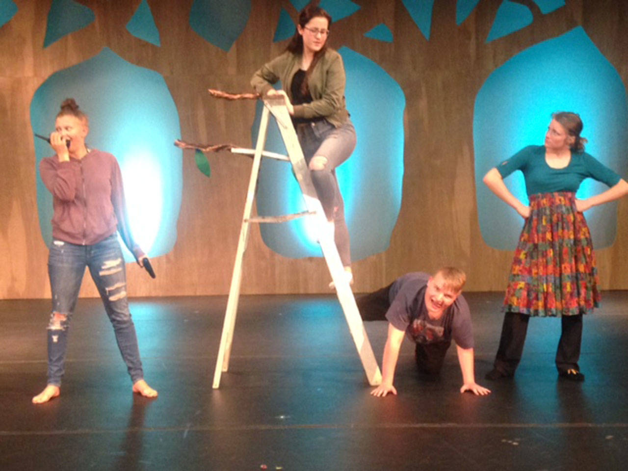 From left: Vashon High School students Grace Hall, Marisa McTighe, Joel Wiegner and Katherine Lande in the play, “Duet for Bear and Dog” directed by VHS senior Grace Brown. (Courtesy Photo)