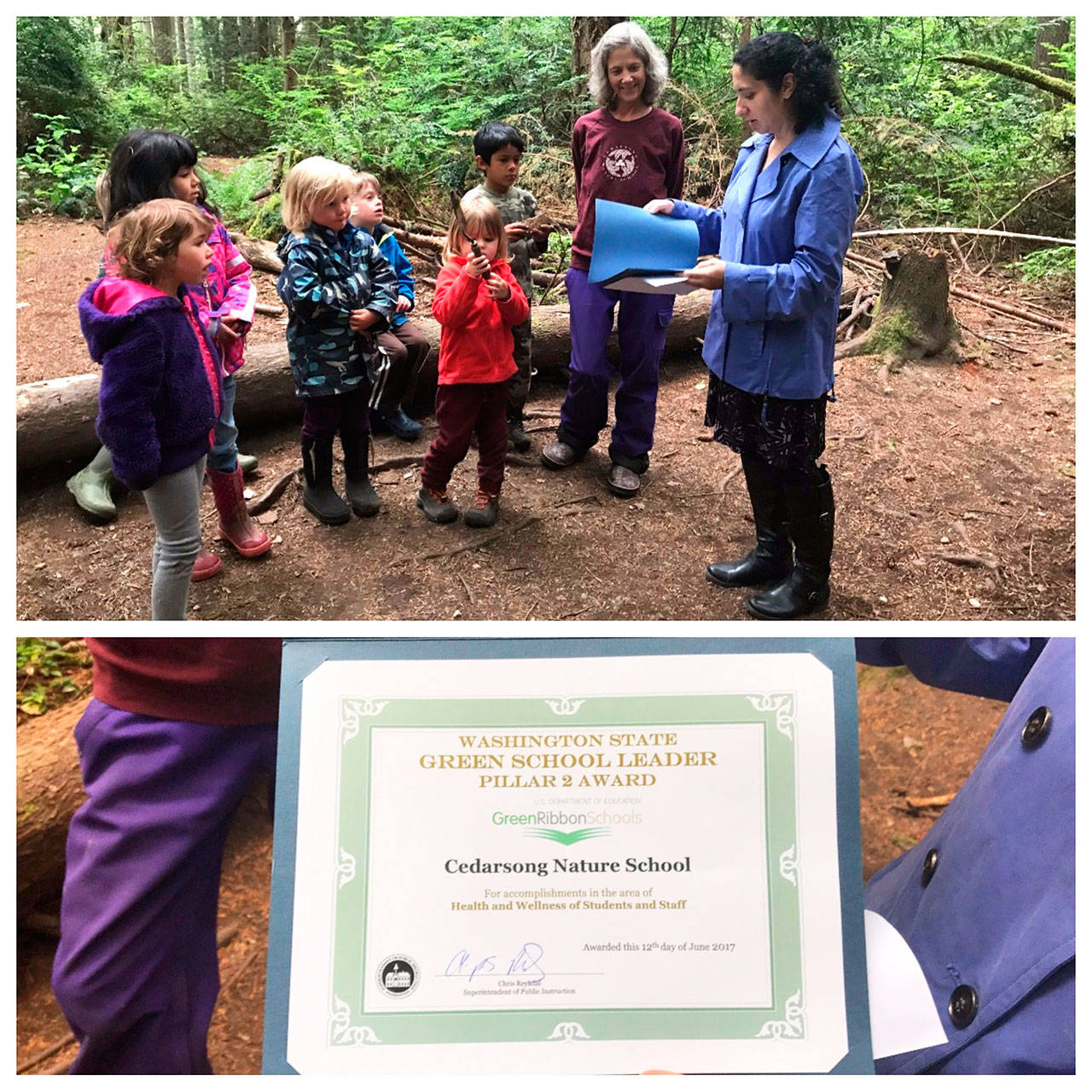 Top: A representative from the Office of the Superintendent of Public Instruction presents Cedarsong Nature School director Erin Kenny with the Green School Leadership Award with members of the school’s forest kindergarten class look on.                                Bottom: The award certificate. (Courtesy Photos)