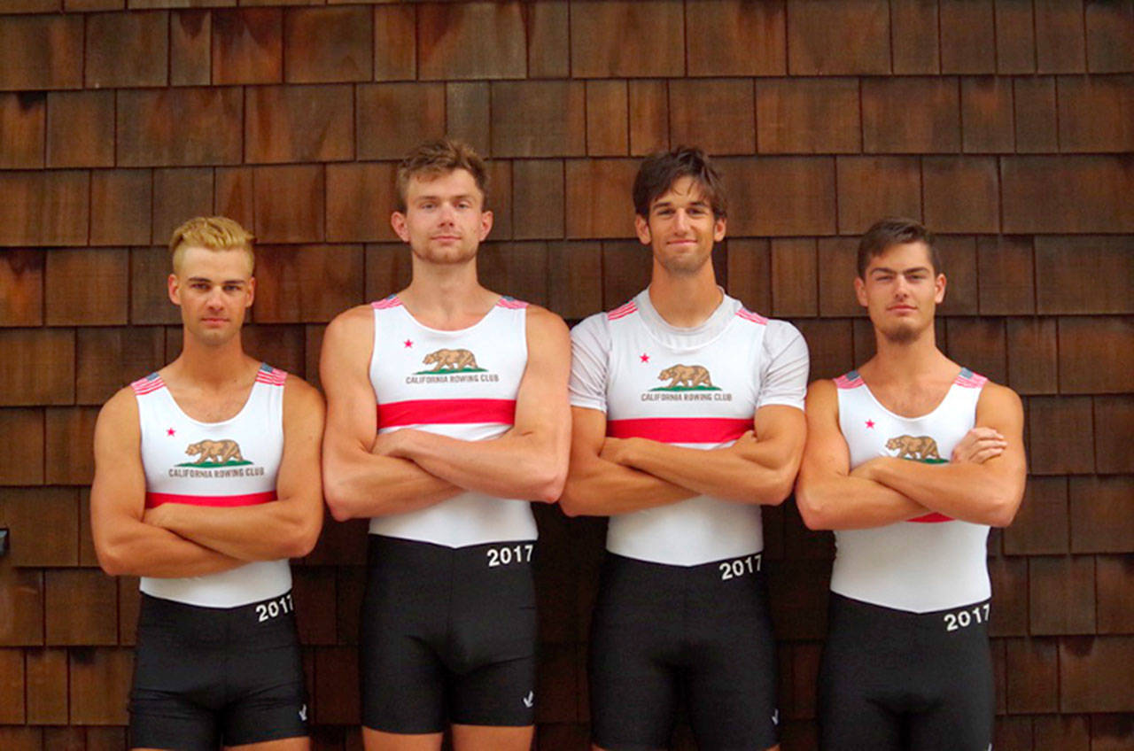 Jacob Plihal, third from left, stands with his World U23 Championships-bound U.S. men’s quad boat mates. (Courtesy Photo)