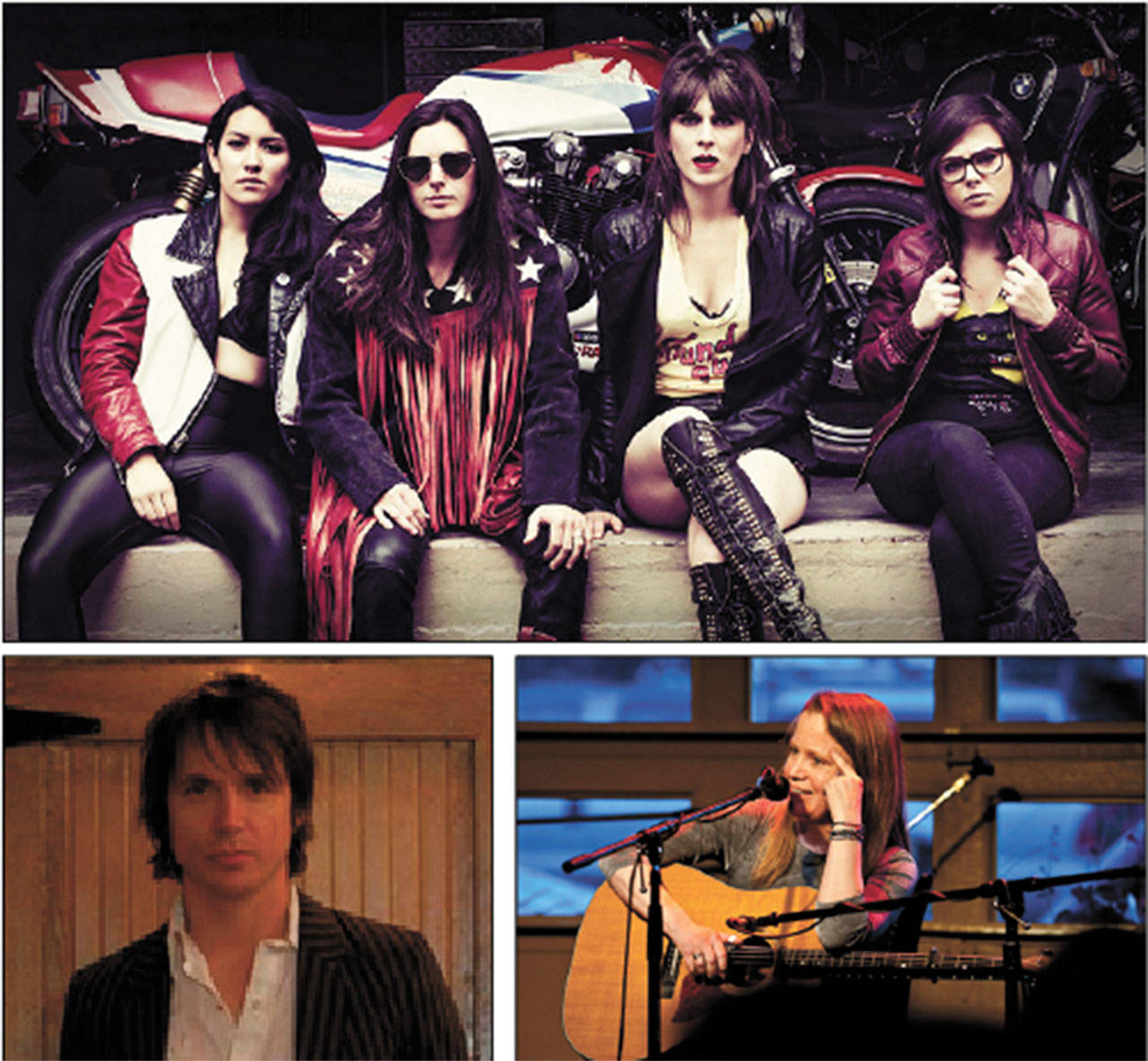 The long line up of musicians this weekend will include Seattle’s Thunderpussy, top, which Pearl Jam’s Mike McCready recently called his new favorite band, as well as much-loved island musicians Ian Moore, bottom left, and Kat Eggleston, bottom right. (Courtesy Photos)