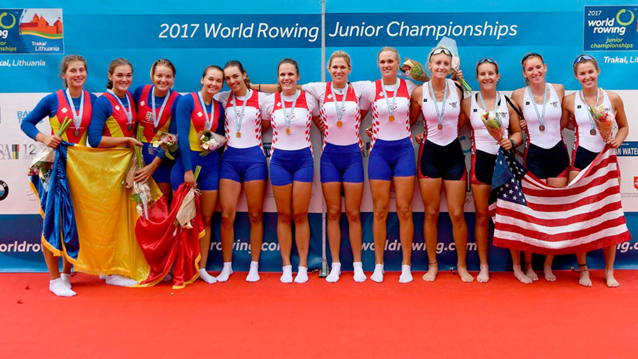 Vashon’s Riley Lynch, second from right, with her U.S. women’s four crewmates Kelsey McGinley, Kaitlyn Kynast and Rose Carr on the podium after receiving a bronze medal at the World Rowing Junior Championships in Trakai, Lithuania Aug. 6. (FISA Photo)