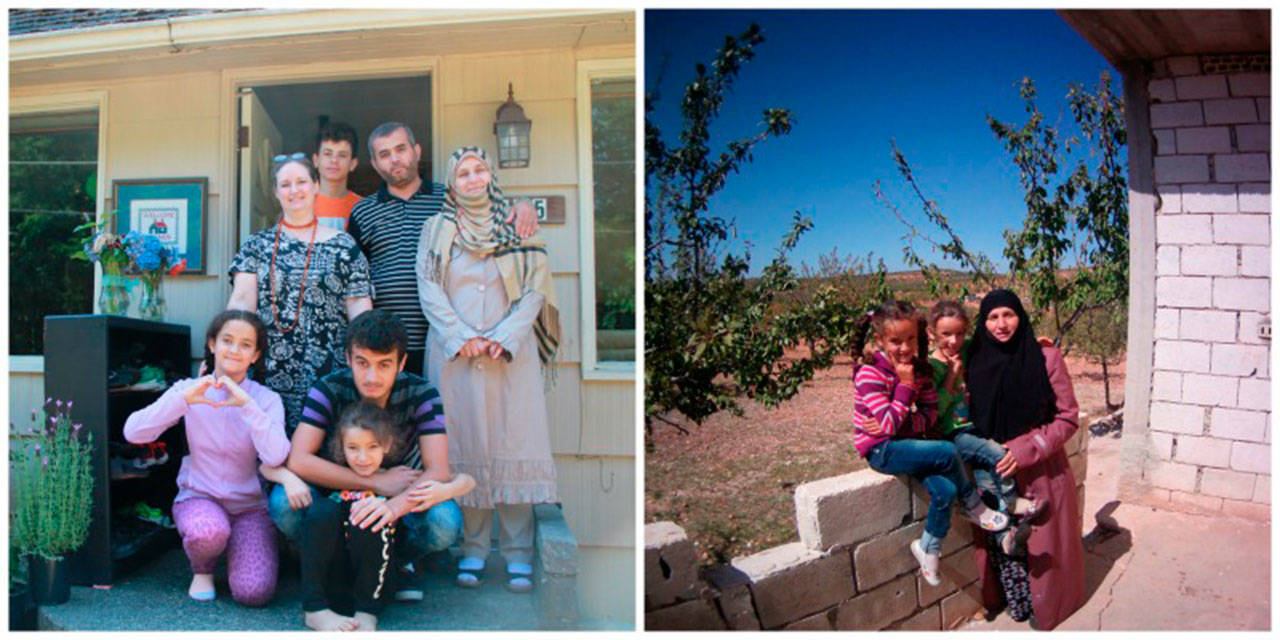 Left: The Al Mustafa family clockwise from top: Bassam, 15; Mustafa; Jamila Al Dahir; Huthaifa, 16, holding Iylaf, 8; Yamama, 10, and islander Erin Durrett at the family’s new home on Maury Island Monday. Not pictured, 20-year-old Khalid. (Anneli Fogt/Staff Photo)                                Right: Al Dahir with daughters Iylaf and Yamama at their home in Idlib, Syria. (Courtesy Photo)