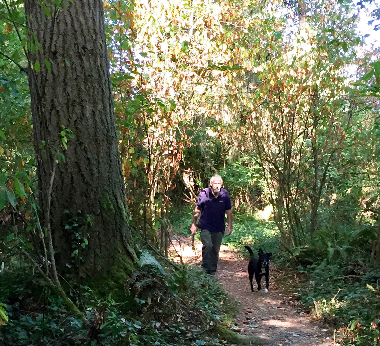 Trail-keeper John Burke enters Burton Acres Park with his dog, Lola. (Chris Woods Photo)