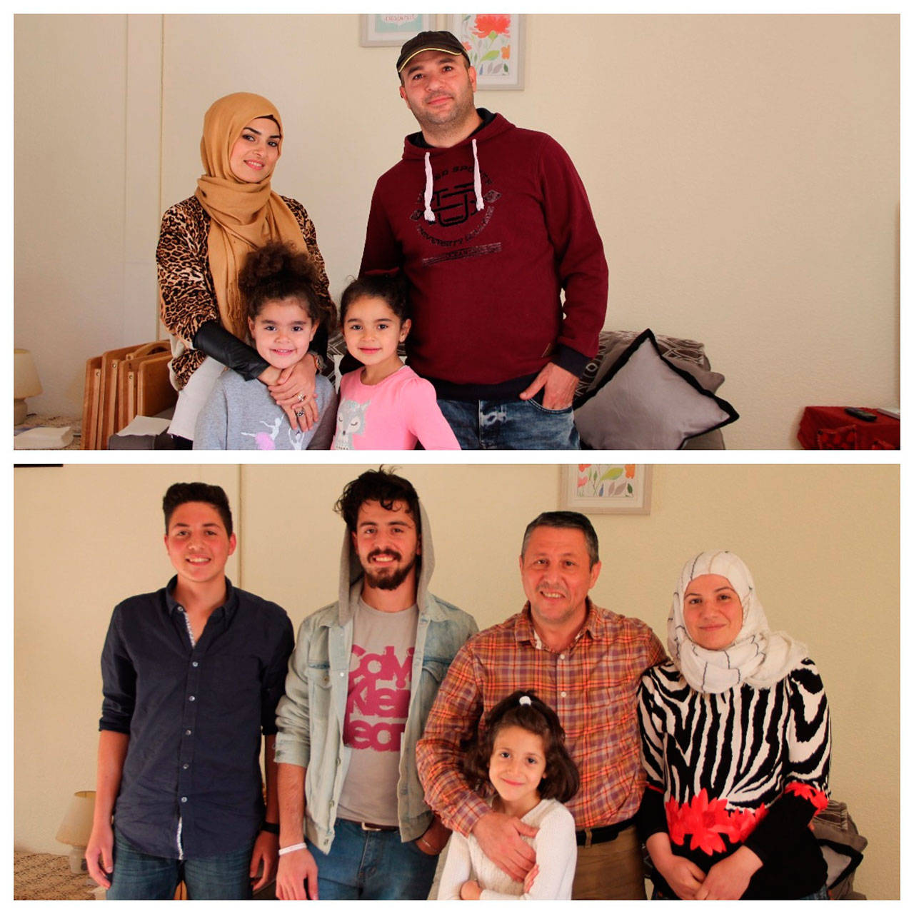 Top: The Alati family: Safa Jneidi (back left), her husband Iyad Alati (back right) and their daughters JuJu, 4 (front left), and Huda, 6 (front right).                                Bottom: The Al-Salkini family left to right: Brothers Nabil Al-Salkini and Yazan Al-Salkini, their father Mohamed Raed, his wife Nahed and daughter Rawan (front). Not pictured: Mohamed and Nahed’s daughter Noura. (Anneli Fogt/Staff Photos)