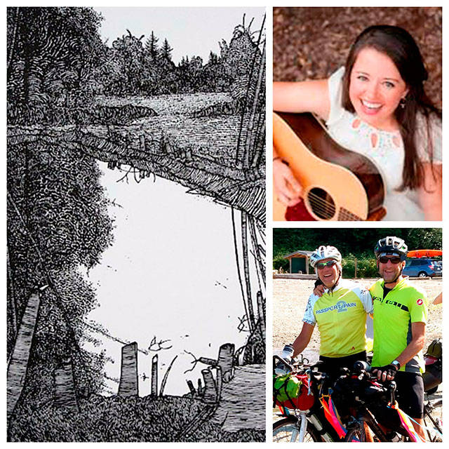 Arts events happening this week include (clockwise from left) a print auction at Granny’s Attic on Saturday, a concert by singer Emily Scott Robinson that night and a talk from islanders Bruce Morser and Bob Horsley about their cross-country bike ride. (Courtesy Photos)