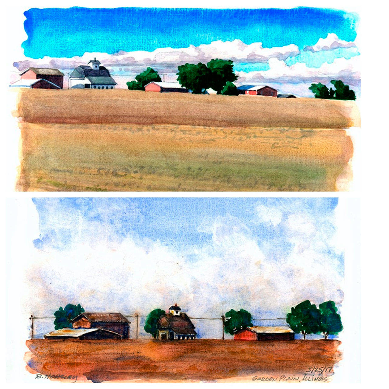 A scene in Garden Plain, Illinois, as painted by Bruce Morser (top) and Bob Horsley (bottom) on their cross-country bike trip this past summer. (Courtesy Photos)