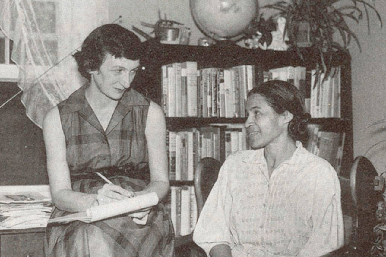 The subject of the documentary, Anne Bradenton, talks with civil rights icon Rosa Parks. (Highlander Center Photo)