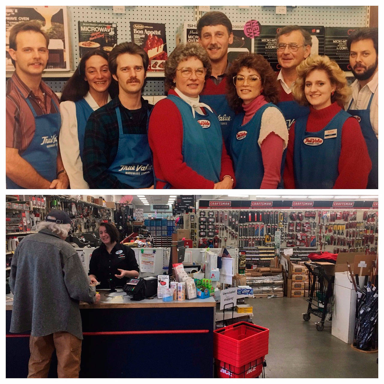 Top: Vashon True Value employees in the early 1980s not long after the store’s opening. (Courtesy Photo)                                Bottom: An employee at Vashon Ace Hardware helps a customer present day. (Anneli Fogt/Staff Photo)