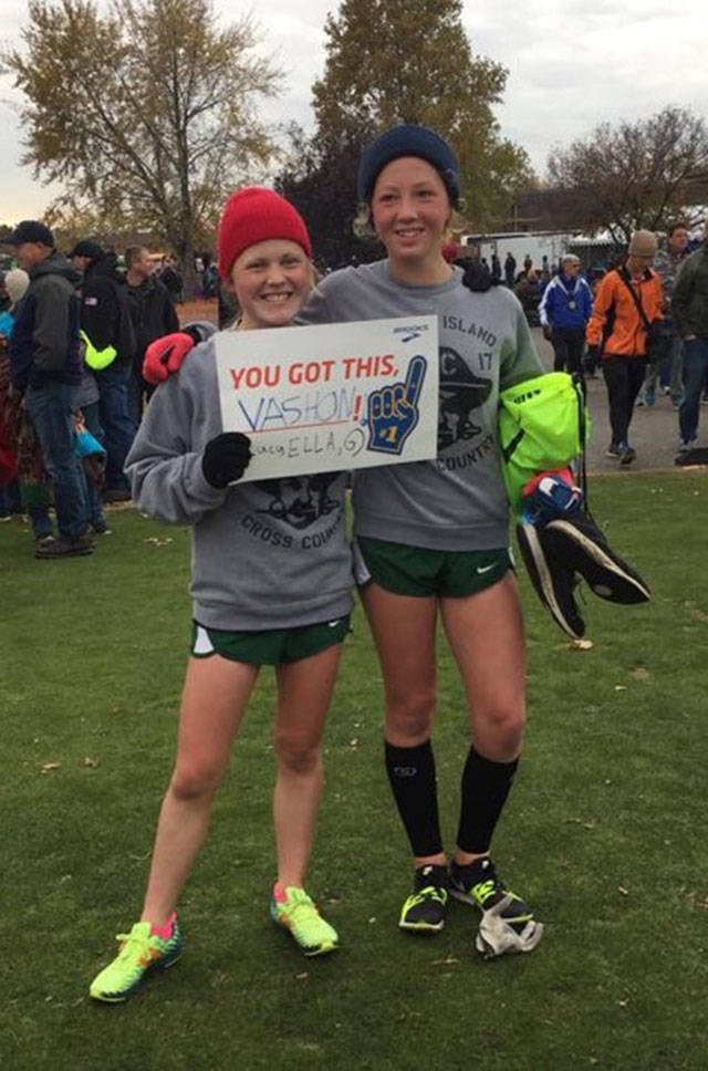 Vashon’s Ella Yarkin and Lucy Boyle in Pasco at the state cross-country meet Saturday. (Courtesy Photo)