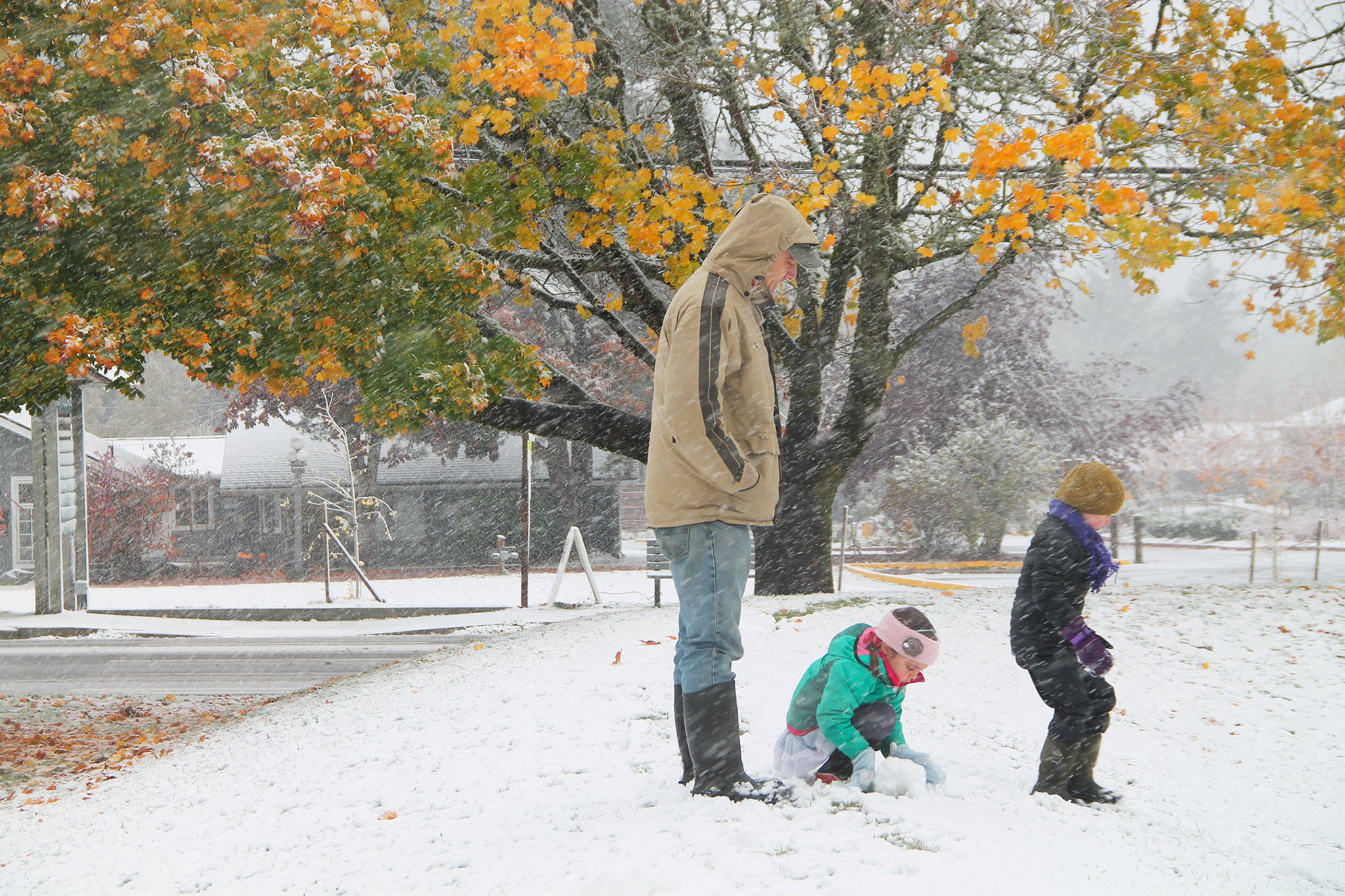 Flanked by a tree still displaying autumn color, children play in the snow in front of the Vashon Library Sunday afternoon. (Anneli Fogt/Staff Photo)