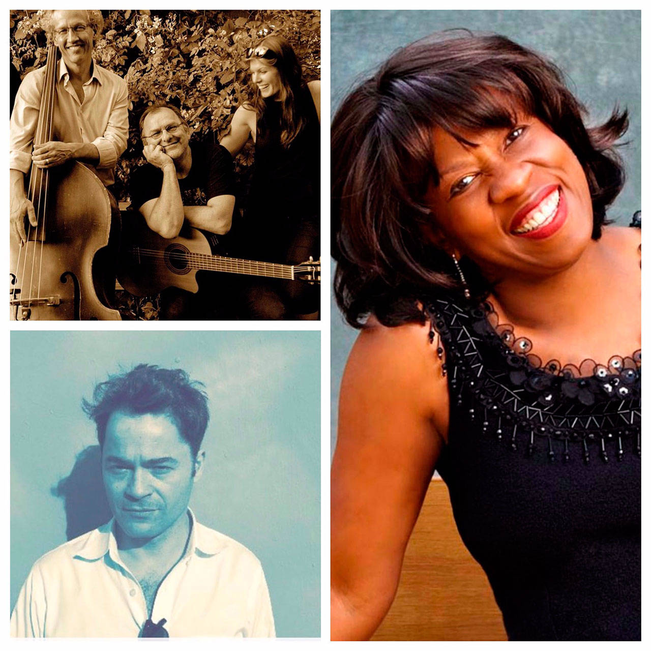 Clockwise from top left: Island band Some’tet will play at the Red Bike Friday night, the Gail Pettis Trio will perform at VCA Saturday and Vashon native Fionn Meade will play at the Havurat Friday. (Courtesy Photos)